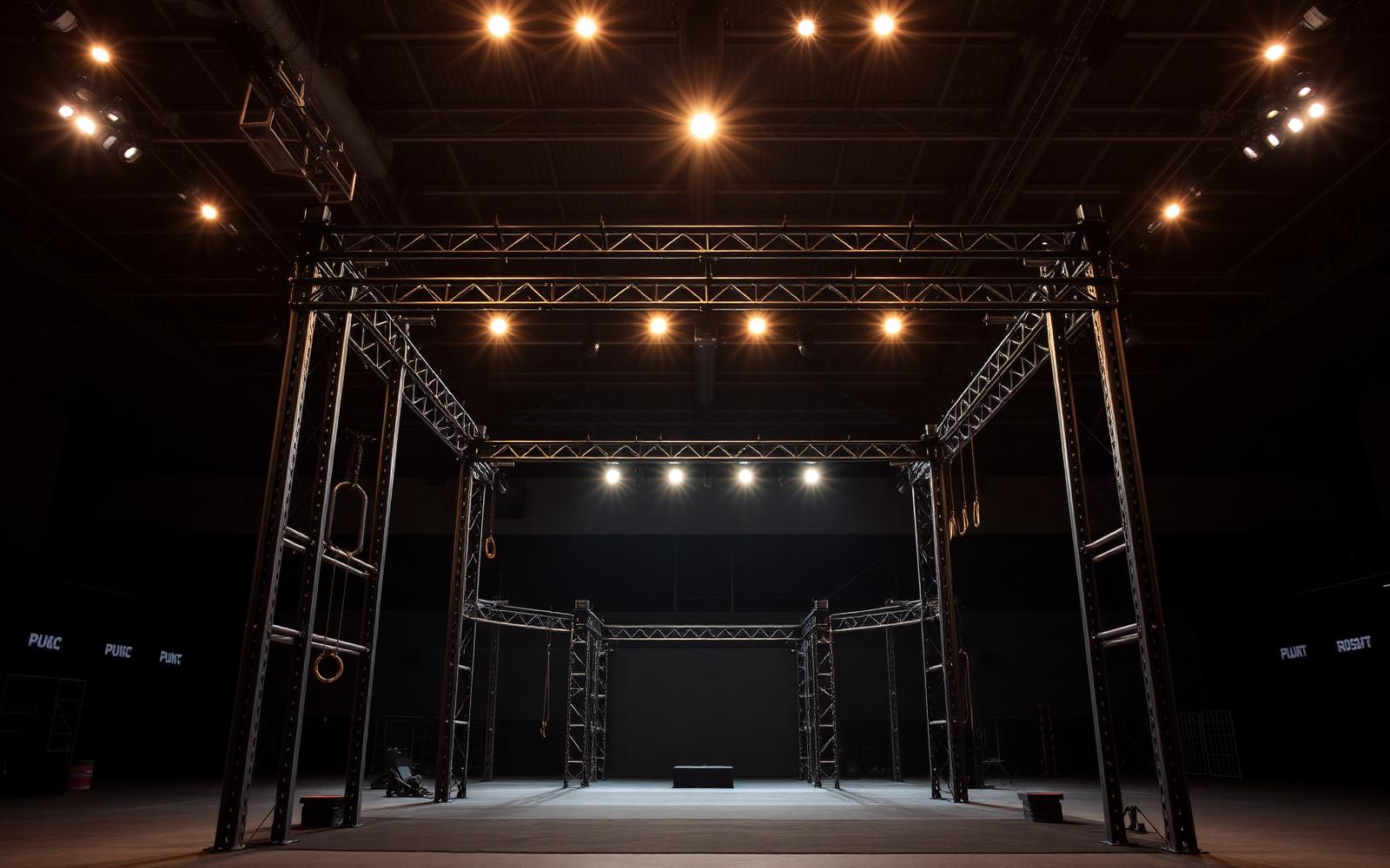 Empty competition arena with assembled rig